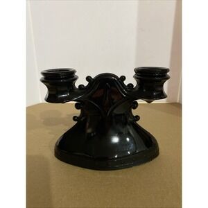 Vintage L.E. Smith Black Glass Gothic Double Candleholder | Art Deco Black Glass